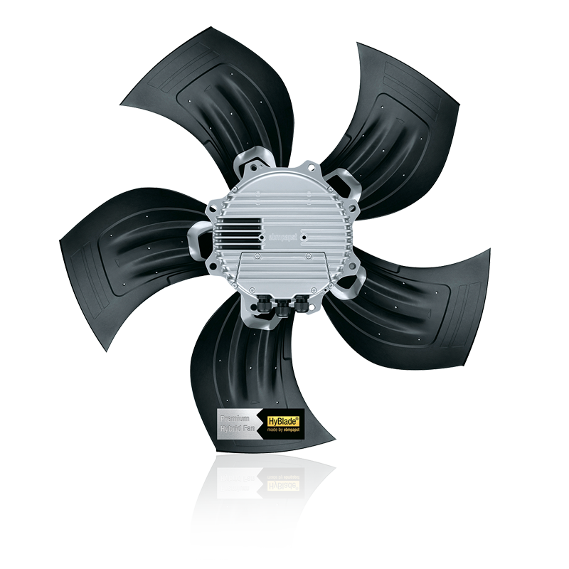 HyBlade fan with huge motor in image center, applied with five black blades, frontalview