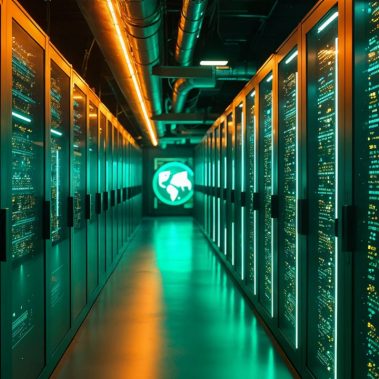 Illuminated corridor in a data centre Illuminated corridor in a data centre